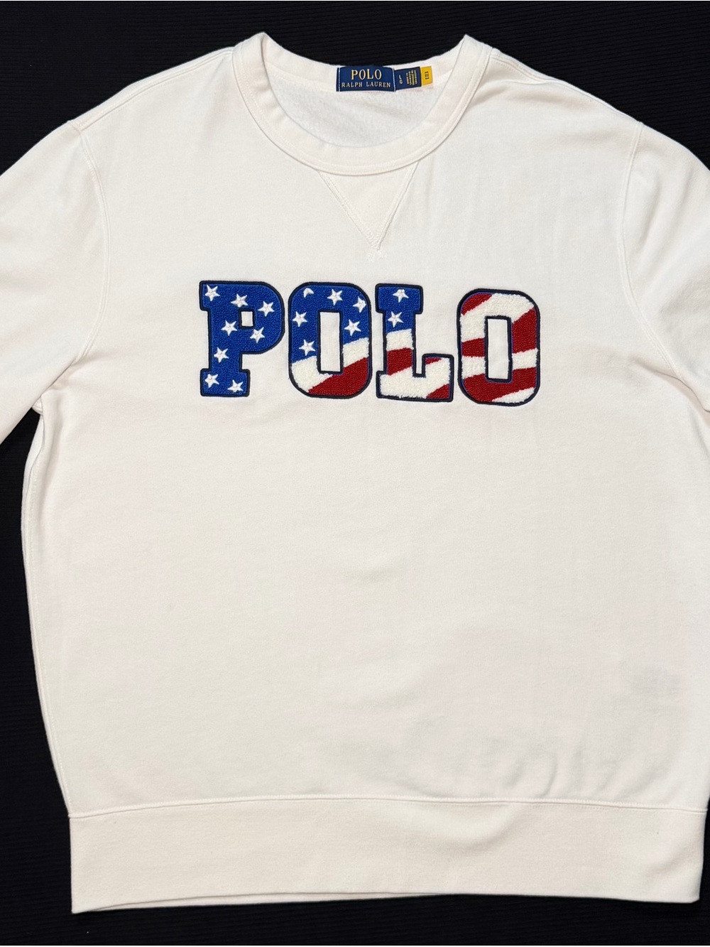 Ralph Lauren White Crewneck Sweatshirt with Red, Blue and White POLO Applique